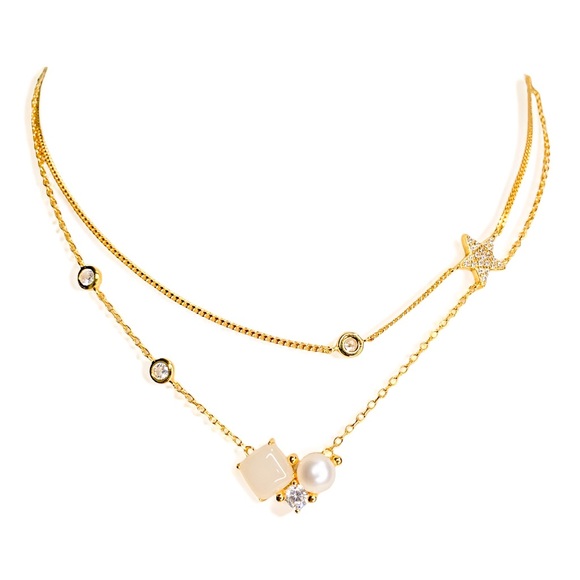 New: Gold Vermeil Chalcedony Stone Layered Necklace - Picture 4 of 12